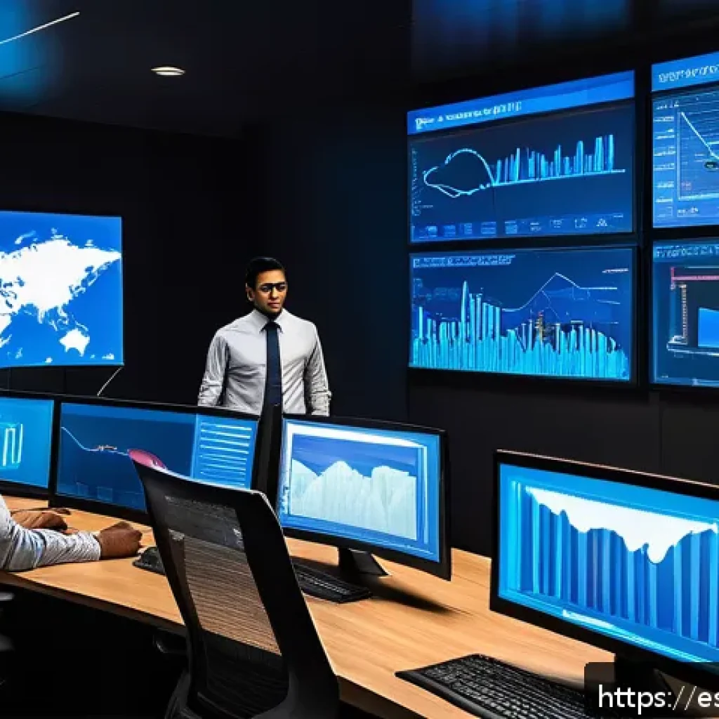 웹 서비스 운영을 위한 성능 모니터링 도구 추천 - A modern office setting with a diverse team of Hispanic IT professionals monitoring web performance ...