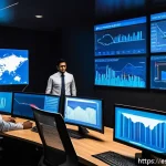 Home 19 웹 서비스 운영을 위한 성능 모니터링 도구 추천 - A modern office setting with a diverse team of Hispanic IT professionals monitoring web performance ...