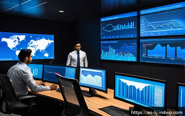 웹 서비스 운영을 위한 성능 모니터링 도구 추천 - A modern office setting with a diverse team of Hispanic IT professionals monitoring web performance ...