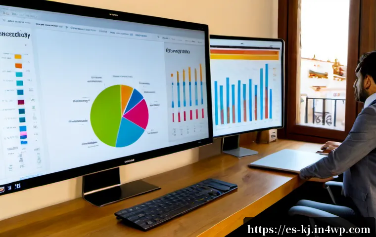 Home 17 웹 기술을 활용한 데이터 시각화 라이브러리 소개 - Photorealistic modern workspace in Madrid, Spanish web developer reviewing a clean interactive data ...